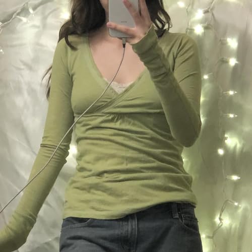 Image of Women Fairy Grunge Aesthetic Shirts Tops Long Sleeve V Neck Tops Girl Basic Slim Fit Blouse Streewear