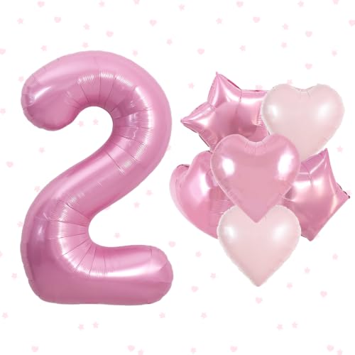 Image of TONIFUL 2nd Birthday Balloons Kit 40 Inch Pink Large Number 2 Foil Balloon | with 18 Inch Helium Foil Star Shaped Balloons for Girls Women Birthday Anniversary Graduation New Year Eve Party Decoration