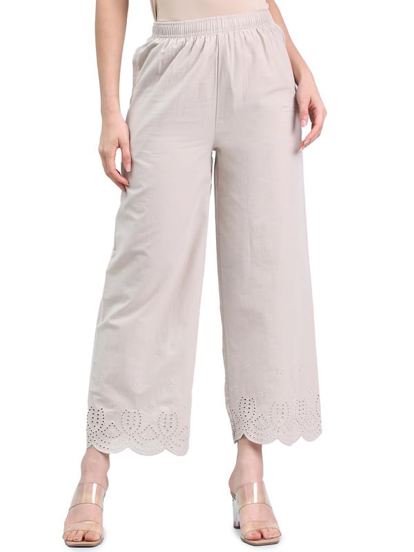 Women’s Cotton Hakoba Palazzo | Ankle Length, Schiffli Embroidery, Relaxed Fit, Mid-Rise with Side Pocket