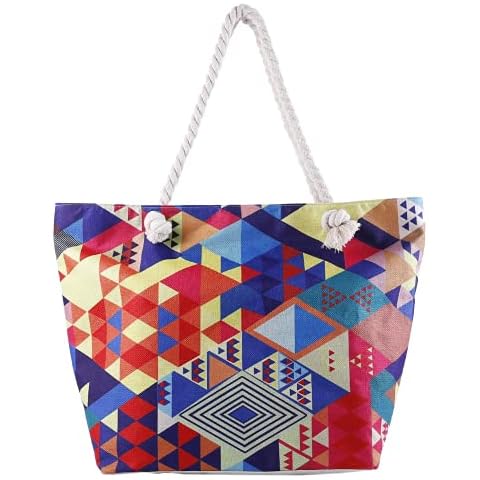 Women Beach Tote Bag Pool - Extra Large Big Weekender Canvas Cotton Rope Drybag with Zipper Summer (Not Straw Mesh) tone Multi Color Geometry Cover