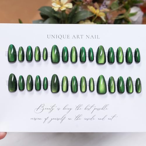 Image of Green Press on Nails Medium Almond Fake Nails Glossy Full Cover Stick on Nail with Design Glitter Glue on Nail for Women Girls Christmas Manicure 24Pcs