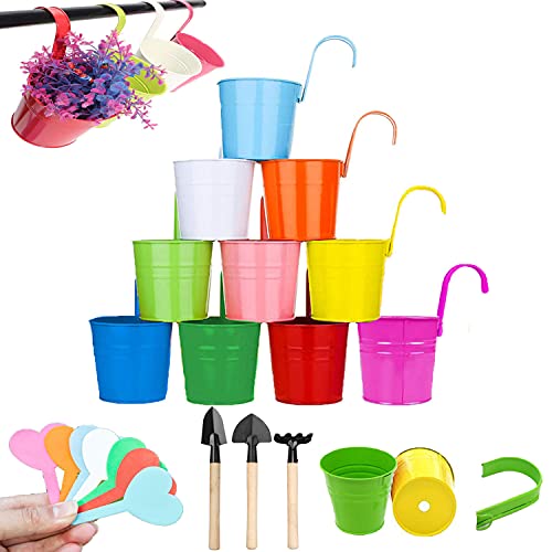Uhat Lot de 10 pots de fleurs en métal à suspendre avec crochet amovible Trou de drainage Taille moyenne 11,9 cm pour clôture, balcon, jardin Cover