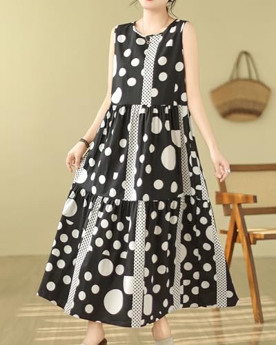 Image of ellazhu Women's Sleeveless Maxi Length Boho Casual Polka Dot Print Dress GA2730 A