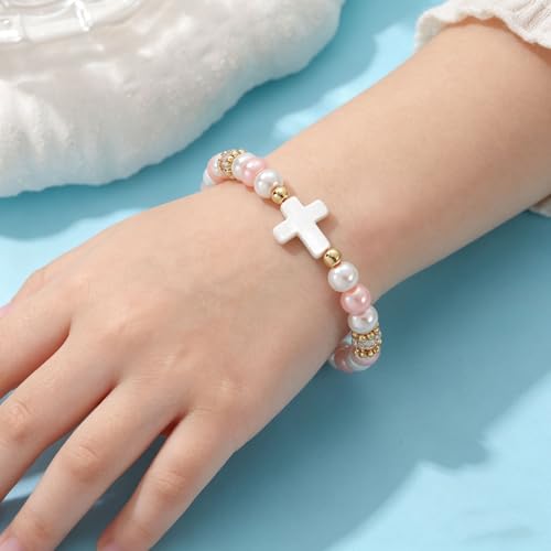 Image of Cross Pearl Bracelet, First Communion Gifts, Baptism, Easter Gifts for Teen Girls, Faith Christian Religious Bracelet for Girls