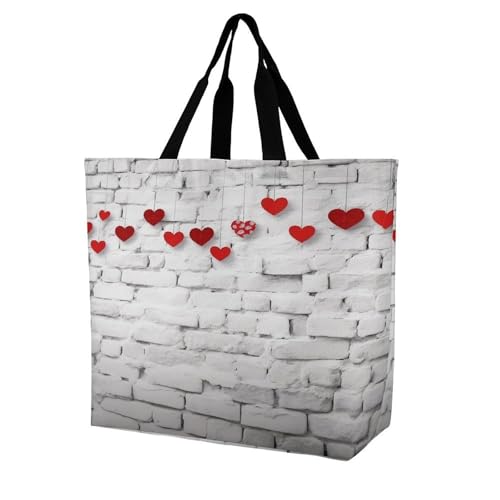 Women's Multi-Functional Shopping Bag，Red Hearts on White Brick Wall Printing Messenger Bag Shoulder Bag for Travel, Work, Shopping & Parties with Inner Pocket, Grocery Bag Lightweight & Water-Resista