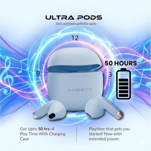 Image of HAMMER New Ultra pods 2026 TWS Wireless Bluetooth Earbuds with Inbuilt Mic, 100H Standby Time, 50H Playtime, USB Type-C, 13mm Dynamic Drivers, BT v6.0, IPX5 Water-Resistant Earphones (Blue)