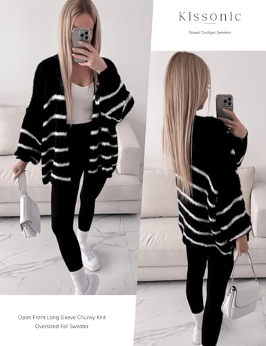 Kissonic Women's Striped Cardigan Sweaters Open Front Long Sleeve Chunky Knit Oversized Fall Sweater Coat2