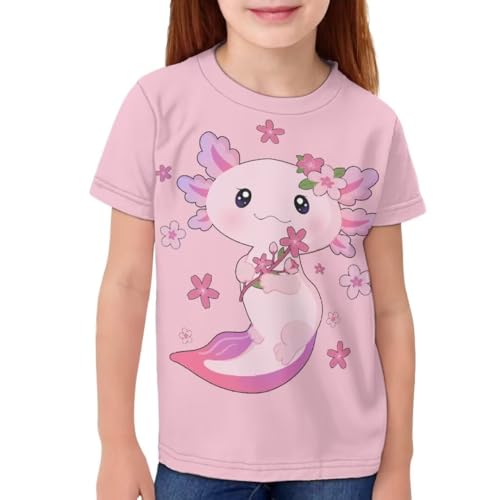 ORGYPET Axolotl Kids T Shits for Summer Pink Summer Blouses for 11-12 Short Sleeve Tee Shirts for Girls Crew Neck Blouses for Travel Breathable Kids Top for Sports Gift for Daughter