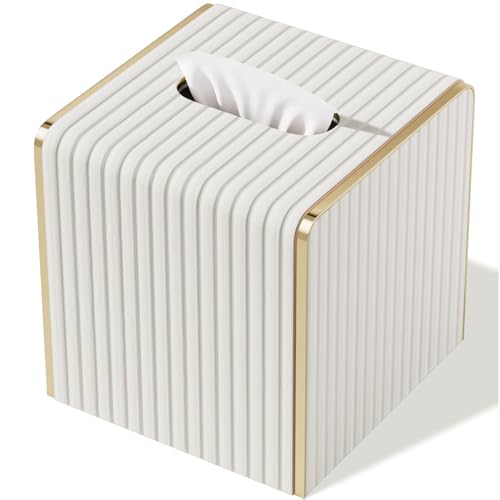 Tissue Box Cover White Square Leather Tissue Box Holders with Gold-Tone Edging Decoration Tissue Vessel for Bathroom Toilet Bedroom Living Room Table Desk Office Modern Home Decor