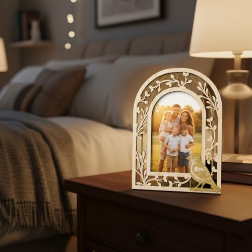 Image of Arch Shape Wooden Photo Frame with Laser Cut Bird Border, Decorative Picture Frame with Clear Acrylic Front, Wall & Tabletop Photo Frame for Home Decor, Birthday, Anniversary & Housewarming Gift -23 CM *15 CM