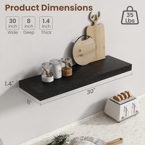 Image of 30 Inch Floating Shelves for Wall, 8 Inch Deep Floating Shelf for Storage & Display, Rustic Wall Mounted Shelf with Invisible Brackets for Living Room, Kitchen, Bathroom, Home Decor, Set of 2, Black