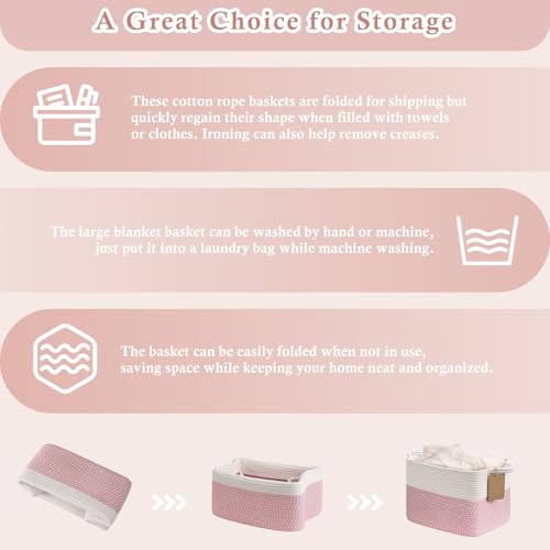 Image of Goodpick Woven Rope Storage Basket for Shelves, Rectangle, Pink & White