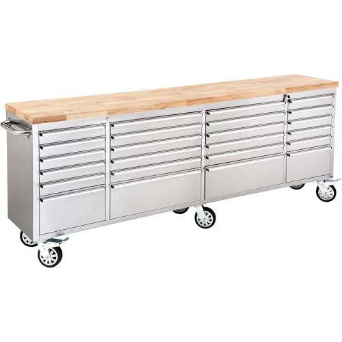 TOOLMITH 96 Inch Rolling Tool Chest with 24 Drawers & Rubber Wood Top | Heavy-Duty Stainless Steel Metal Storage Cabinet | Professional Garage Tool Box with Wheels for Workshop Organization