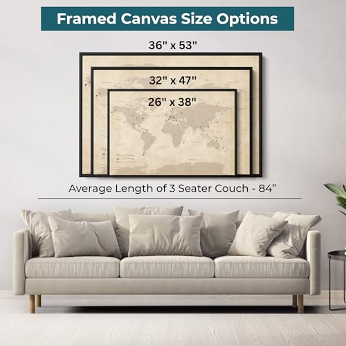 Image of Vintage Canvas Travel Pin Map of the World - Oversized Antique Style World Map with Pins - Personalized Framed Wall Art - Natural Float Frame - 34 inch x 51 inch