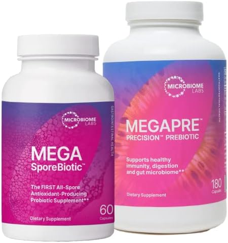 Microbiome Labs MegaSporeBiotic (60 Capsules) + MegaPre (180 Capsules) Probiotic Prebiotic Bundle - Spore-Based Probiotic with Prebiotic Fiber Supplement