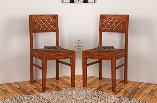 Image of CNC Wooden Dining Chairs Set of 2 for Kitchen & Dining Room, Two Seats, Solid Sheesham Wood, Honey Finish