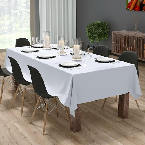 Image of HOME COLORS.IN Cotton Plain 10 Seater Table Cover - Machine Washable - Durable - Dining Table Cloth - 60 x 108 Inch - White