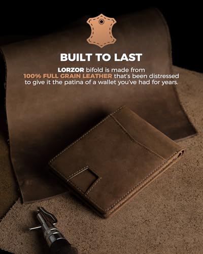 LORZOR Full Grain Vintage Leather Wallet for Men, Minimalist Front Pocket Mens Wallet Slim Bifold RFID Blocking with ID Windows, Gift for Men Dad Husband4