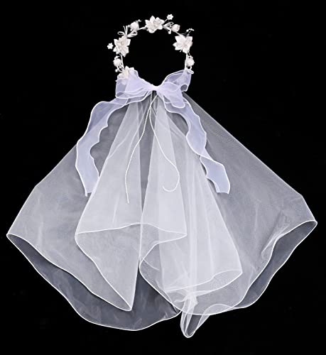 Girls First Communion Veil White Floral Crown with Pearls Headpiece for Communion Day4