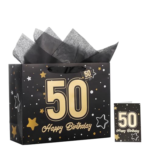 Image of Powbrace 13 inch Black 50th Birthday Gift Bag with Tissue Paper and Greeting Card for Party,Happy Birthday Gift Bag for Men Women,Gift Bags Medium size(1 Black 50th)