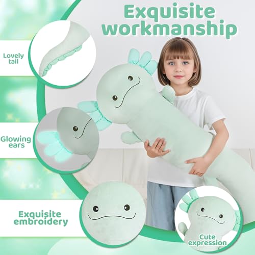 Image of Tianmihou 48 inch Giant Axolotl Plush Stuffed Animal, Big Light Green Axolotl Glow in The Dark Fluorescent Plushies, Jumbo Stuffy Body Pillow Gifts for Kids Adults, Birthday