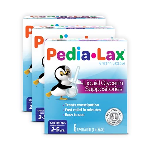 Pedia-Lax Liquid Glycerin Suppositories for Kids Ages 2-5 Gentle Constipation Relief Laxative for Children 6 Count Pack of 3