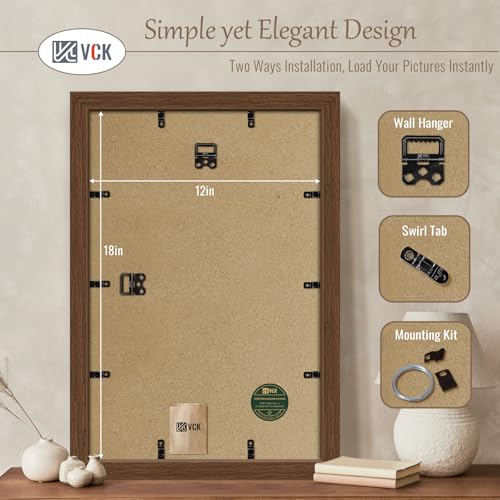 Image of VCK 12x18 Frames 3 Pack, Brown Poster Frame MDF Wood with Polished Plexiglass, Wall Mounting Horizontal & Vertical Display
