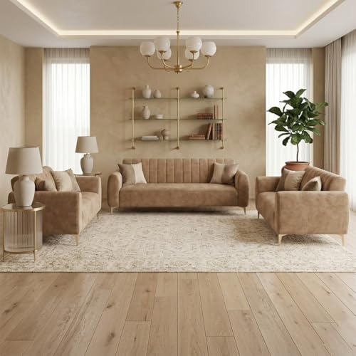 Image of Habibi Rich Velvet Suede 3+2+2 Seater Sofa Set | Spacious Soft Touch Comfort Seating | 7 Person Seating | Modern Living Room Sofa Set (Beige)