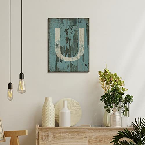 Lienzo de pared con letra U estilo monograma azul de grano de madera 4