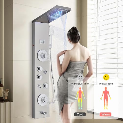 Image of FUZ Shower Panel Tower System, Stainless Steel 6 Function Shower Panel System with LED Fancy Rain Shower Head and Handheld, Comfortable Rain Massage Body Jet and Tub Spout, Brushed Nickel Shower Tower