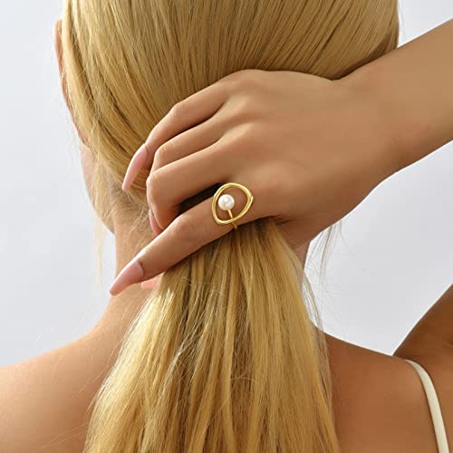 Pearl Ring for Women 925 Sterling Silver 14k Gold Plated Ring Mother Daughter Ring Danity Irregular Statement Wedding Band Bridal Ring Graduation Jewelry Birthday Summer Ocean Gifts for Her4