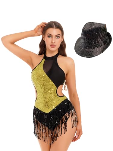 [renvena] Femme Scintillante Sequins Leotard De Danse Latine Frange Costume De Danse Salon Salsa Cha Cha Rumba  L