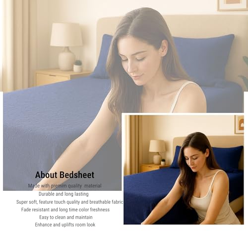 Image of VAS COLLECTIONS Luxury Warm Winter Elastic Fitted Bedsheet with 2 Pillow Covers - Ultra Soft Flannel Velvet Touch, Cozy & Wrinklefree lintfree Size - 78x72+10 Inches (Blue)