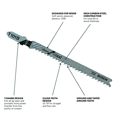 Image of BOSCH T101B100 100-Pack 4 In. 10 TPI T-Shank Jig Saw Blades Ideal for Clean Cuts in Hard & Soft Wood, Plywood, Plastics, OSB, Laminated Particle Board