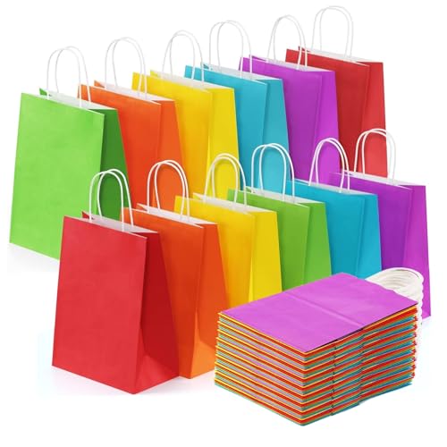 SKY-TOUCH 24Pcs Paper Gift Bags 21x15x8 cm Kraft Paper Bags Party Favor Bags with Handles for Kids Birthday Baby Shower Crafts Wedding Party Supplies (6 Colors)