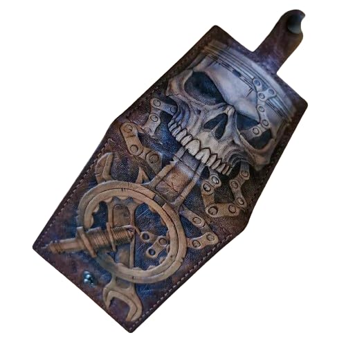 Men's 3D Genuine Leather Wallet, Hand-Carved, Hand-Painted, Leather Carving, Custom wallet, Personalized wallet, Skull, Gear Head Design, Wrench, Spanner, Skeleton, Bone, Biker, Spark Plug