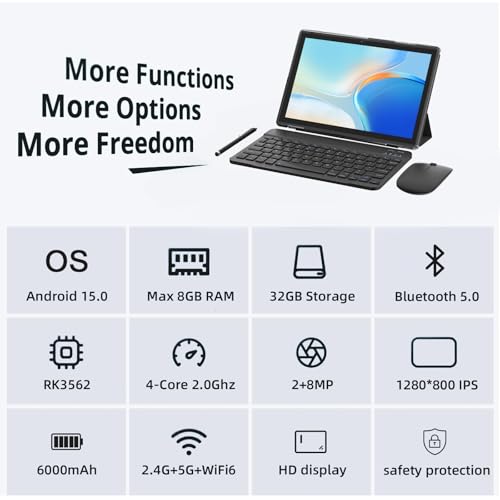 Image of Tabalet Android 15 with Keyboard, 10 Inch Tablet with Case | 8GB + 32GB + 1TB Expanded, 1280x800 IPS Touchscreen, 5G WiFi 6, L1, Long Battery Life Tablet (Black)