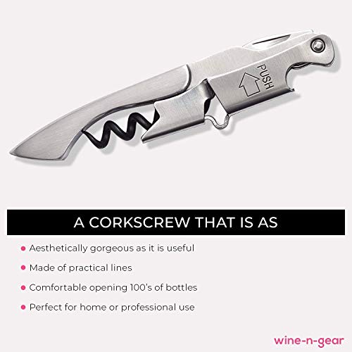 Pocket Prestige Waiters Corkscrew By Coutale Sommelier - Stainless Steel - French Patented Spring-Loaded Double Lever Wine Bottle Opener For Bartenders And Gifts - Sharp Micro-Serrated Knife #TOP5