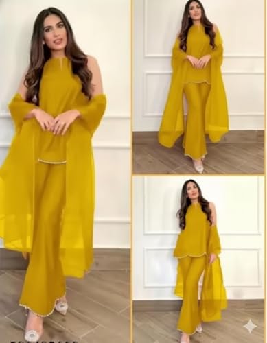 Image of Women's Teal Chiffon Kurta with Dupatta and Palazzo Pants, 3-Piece Ethnic Suit Set