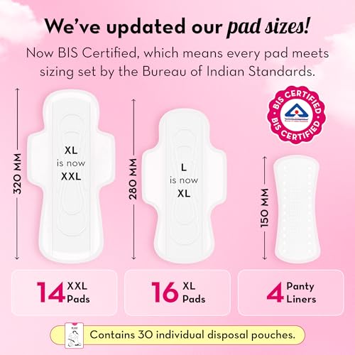 Plush Ultra-Thin Sanitary Napkins for Women, 30 Pcs | 16 XL Pads (Light-Medium Flow), 14 XXL Pads (Heavy Flow), 4Panty Liners | 100% Rash-Free | Pure U.S. Cotton XXL Sanitary Pads with Free Disposable Pouches | No Fragrance | No Toxic-Chemicals