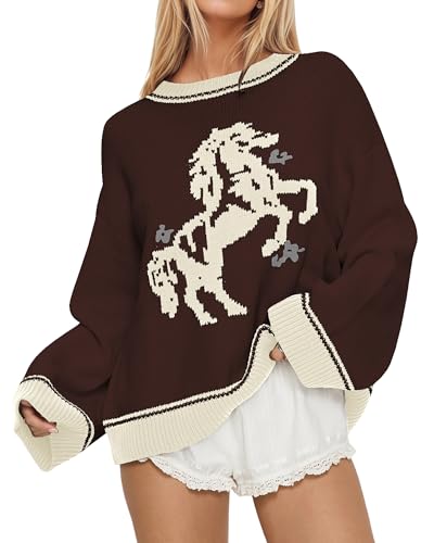 SHBECYDE Crew Neck Oversized Sweater for Women Y2k Long Sleeve Sweaters Horse Graphic Knit Pullover Trendy Fall Sweater 2026 Brown