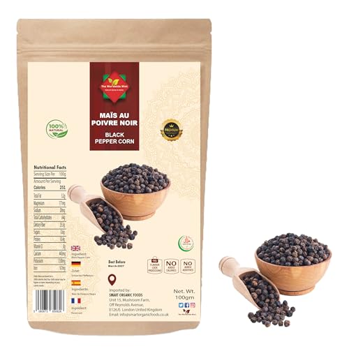 Poivre Noir Entier 100 g | Grains de Poivre Noir Premium d’Inde | 100 % Naturel, Sans Additifs, Non OGM | Cuisine, Moulin, Marinades et Sauces