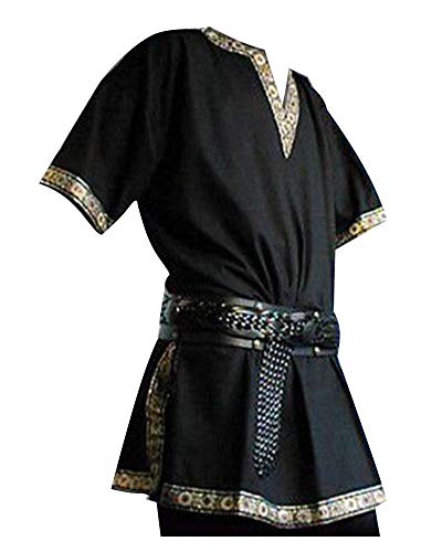 Hombres Manga Corta Renaissance Medieval De Los Camisa Casual con Cuello En V Disfraz Negro XL Cover