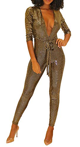 OLUOLIN Women's Sexy Sparkly Glitter Deep V Neck Long Sleeve Party Clubwear Bandage One Piece Jumpsuit Bodycon Rompers Gold