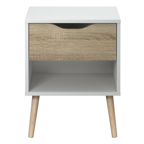 Lourini Mesita de Noche Dormitorio Madera Color Roble y Blanca con 1 Cajón Estilo Nórdico Modelo Faro 45 cm Ancho. Mesilla...