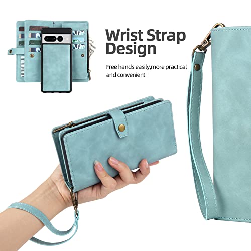 Compatible With Google Pixel 7 Pro Wallet Case Leather Flip Magnetic Detachable Zipper Wallet Phone Case Wristlet Wallet Case With 11 Card Holder (Blue, Pixel 7 Pro) #TOP5