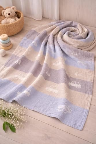 Image of 100% Cotton 6-Layer Muslin Baby Blanket | Super Soft, Breathable & All Seasons Multipurpose Blanket for Babies (Car)