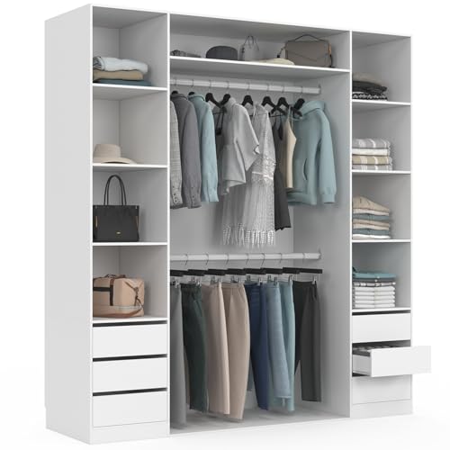 IDMarket - Dressing double TAYLOR 185 x 55 x 200 cm avec étagères + double penderie + tiroirs blanc