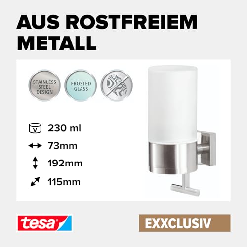 tesa EXXCLUSIV Seifenspender-Set, Milchglas und verchromtes Metall - Flüssigseifenspender zur Wandbefestigung ohne Bohren, inkl. Klebelösung - 73mm x 192mm x 115mm 3