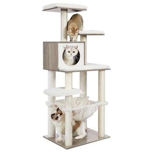 Feandrea Cat Tree, 56.3-Inch Modern Cat Tower, Multi-Level Plush Condo with Scratching Posts, Hammock, Washable Cushion, Heather Greige UPCT164G01 Heather Greige L (21.7"L x 17.7"W x 56.3"H)